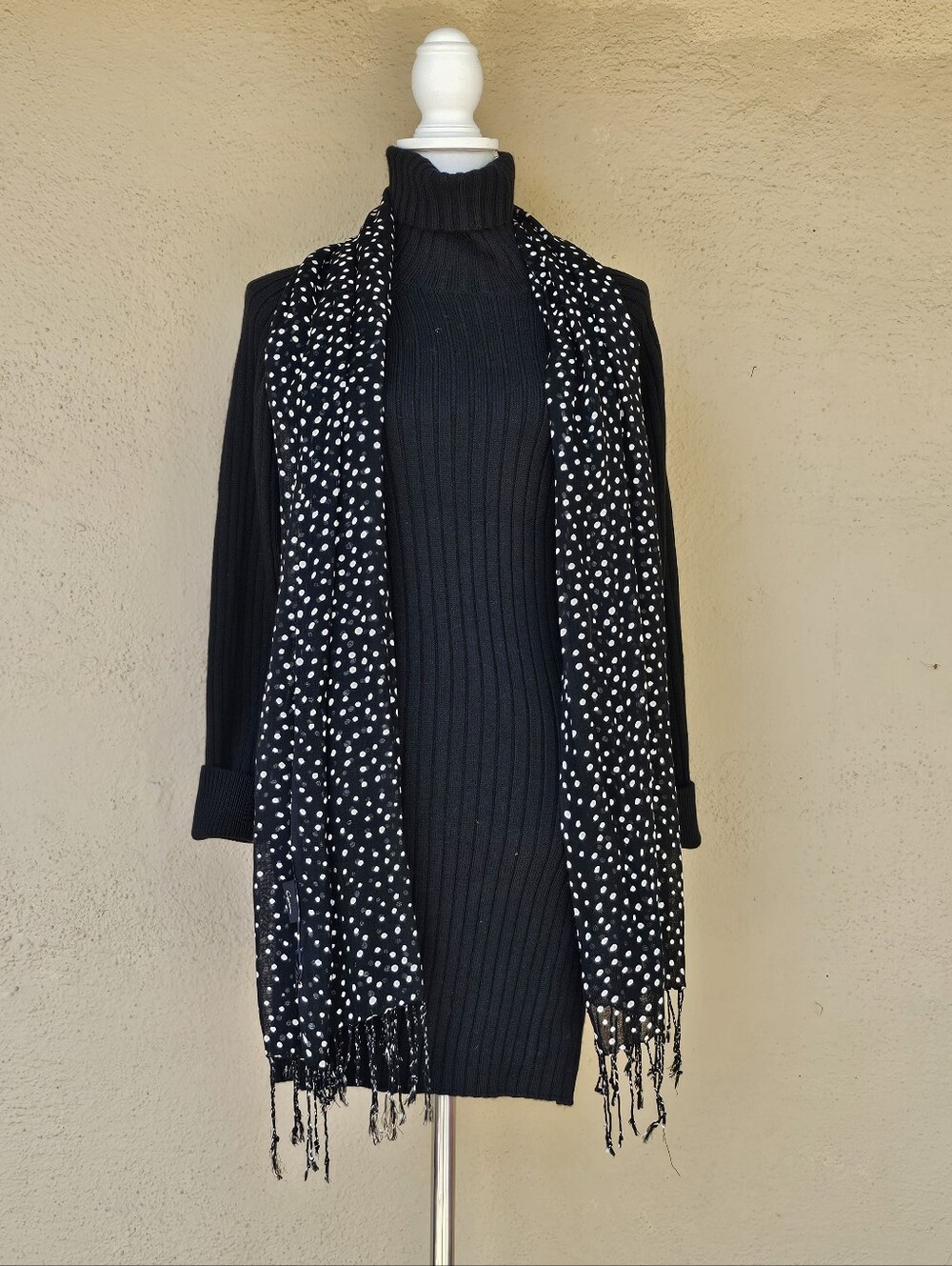 Cejon Black & White Polkadot Scarf W/ Tassles Semi Sheer